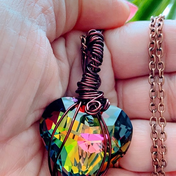 Crystal multicolored large heart  wire wrapped necklace Valentine’s Day gift - Picture 3 of 5